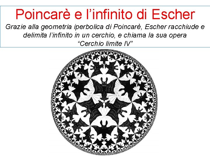 Poincarè e l’infinito di Escher Grazie alla geometria iperbolica di Poincarè, Escher racchiude e
