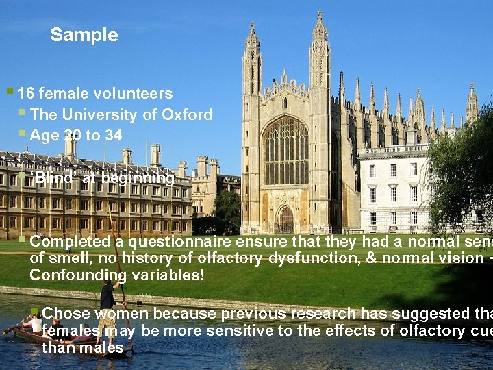 Sample § 16 female volunteers § The University of Oxford § Age 20 to Sample § 16 female volunteers § The University of Oxford § Age 20 to