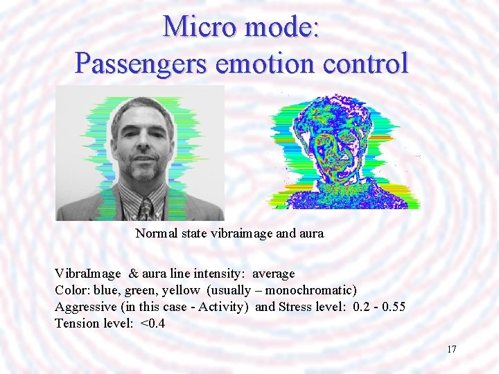 Micro mode: Passengers emotion control Normal state vibraimage and aura Vibra. Image & aura