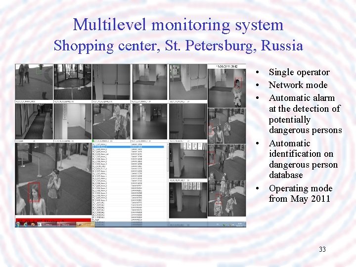 Multilevel monitoring system Shopping center, St. Petersburg, Russia • Single operator • Network mode