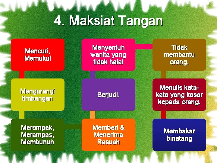 4. Maksiat Tangan Menyentuh wanita yang tidak halal Tidak membantu orang. Mengurangi timbangan Berjudi. 4. Maksiat Tangan Menyentuh wanita yang tidak halal Tidak membantu orang. Mengurangi timbangan Berjudi.