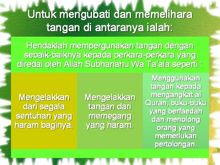 Untuk mengubati dan memelihara tangan di antaranya ialah: Hendaklah mempergunakan tangan dengan sebaik-baiknya kepada Untuk mengubati dan memelihara tangan di antaranya ialah: Hendaklah mempergunakan tangan dengan sebaik-baiknya kepada