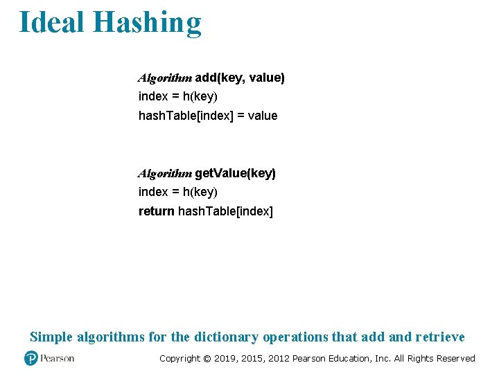 Ideal Hashing Algorithm add(key, value) index = h(key) hash. Table[index] = value Algorithm get.