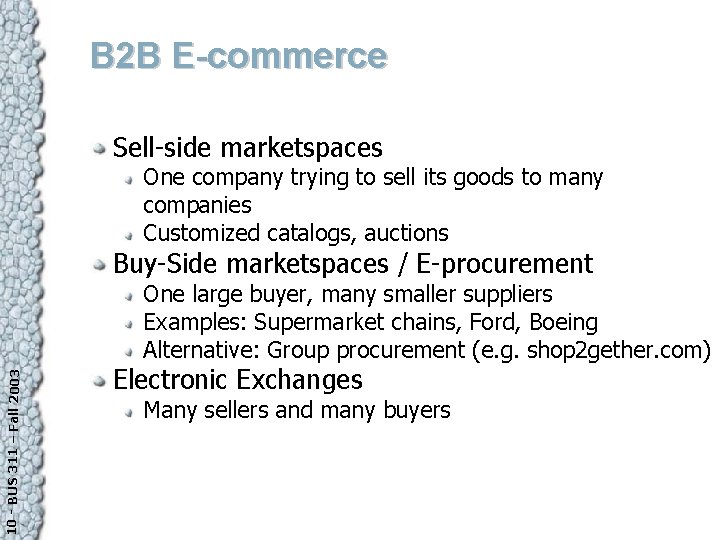 B 2 B E-commerce Sell-side marketspaces One company trying to sell its goods to