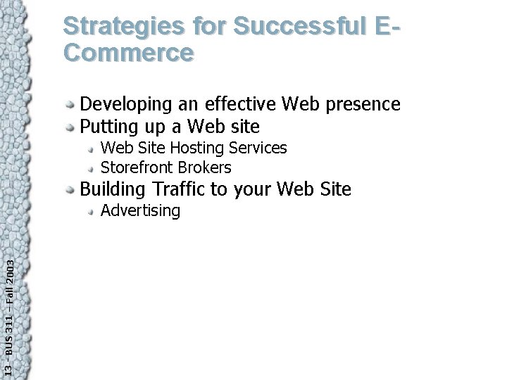 Strategies for Successful ECommerce Developing an effective Web presence Putting up a Web site