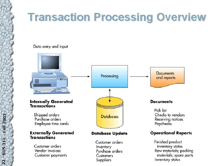 22 - BUS 311 – Fall 2003 Transaction Processing Overview 