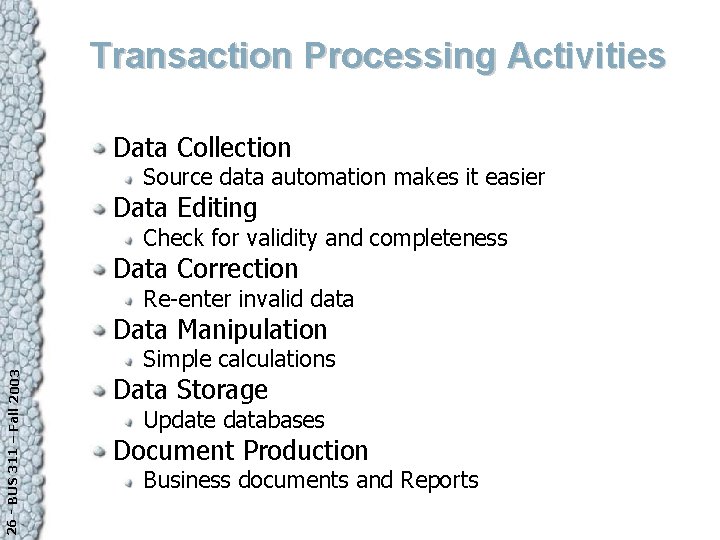 Transaction Processing Activities Data Collection Source data automation makes it easier Data Editing Check