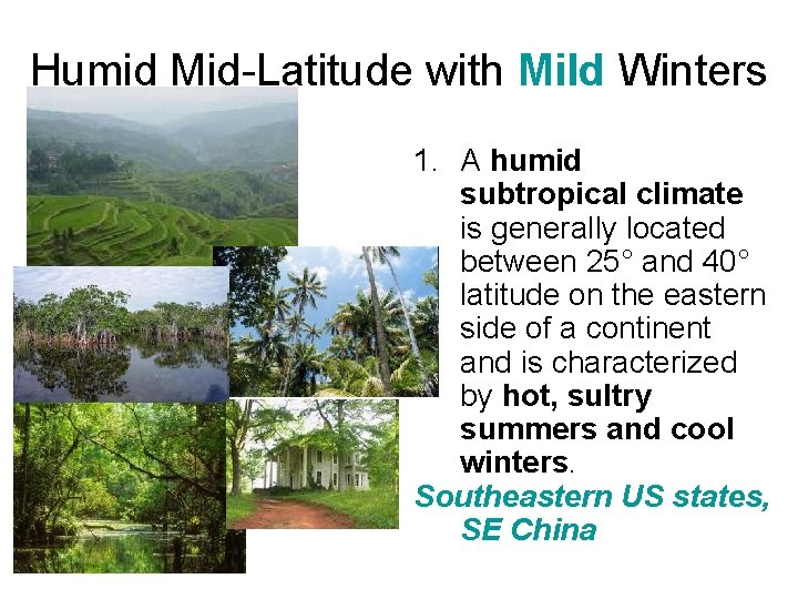 Humid Mid-Latitude with Mild Winters 1. A humid subtropical climate is generally located between