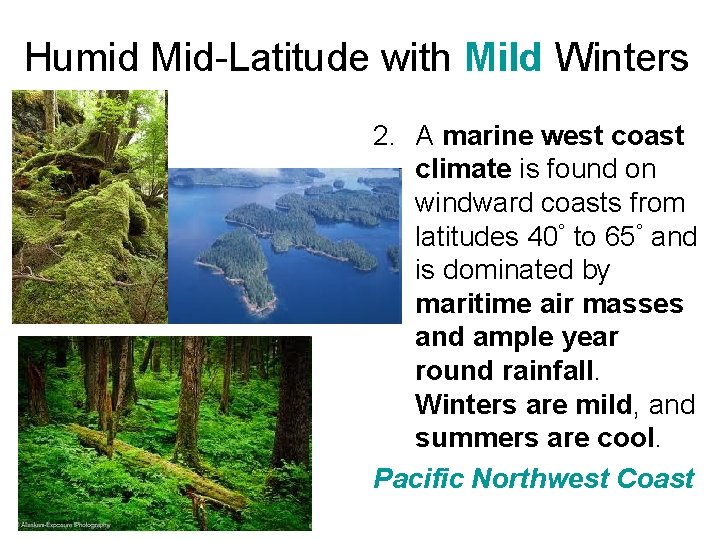 Humid Mid-Latitude with Mild Winters 2. A marine west coast climate is found on