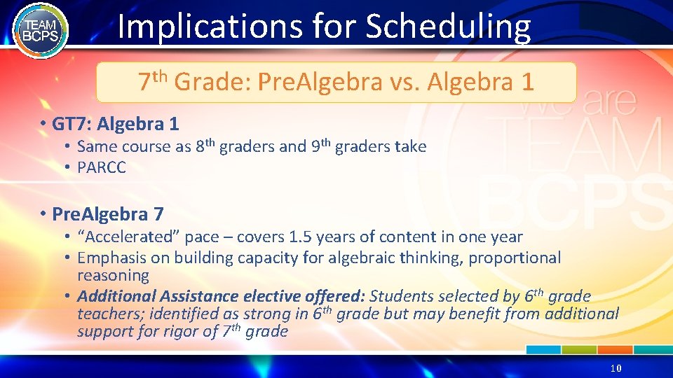 Implications for Scheduling 7 th Grade: Pre. Algebra vs. Algebra 1 • GT 7: