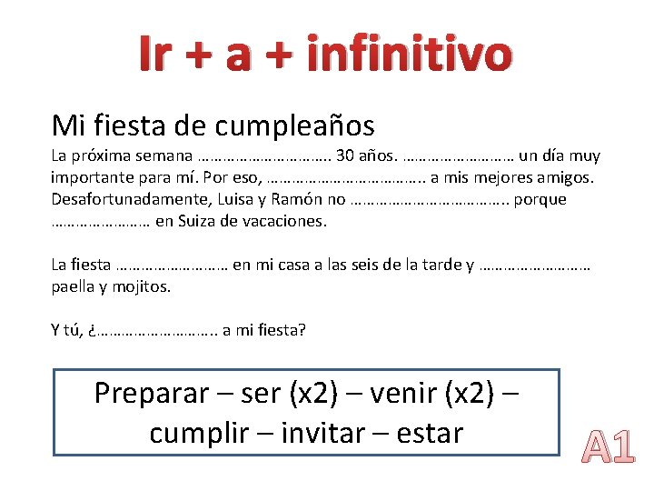Ir + a + infinitivo Mi fiesta de cumpleaños La próxima semana ……………. . Ir + a + infinitivo Mi fiesta de cumpleaños La próxima semana ……………. .
