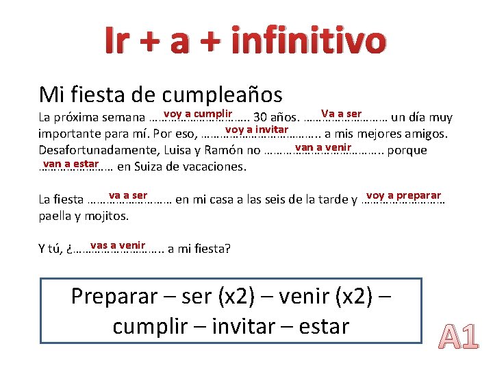 Ir + a + infinitivo Mi fiesta de cumpleaños voy a cumplir Va a Ir + a + infinitivo Mi fiesta de cumpleaños voy a cumplir Va a