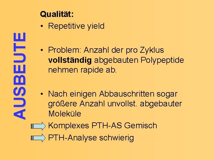 AUSBEUTE Qualität: • Repetitive yield • Problem: Anzahl der pro Zyklus vollständig abgebauten Polypeptide