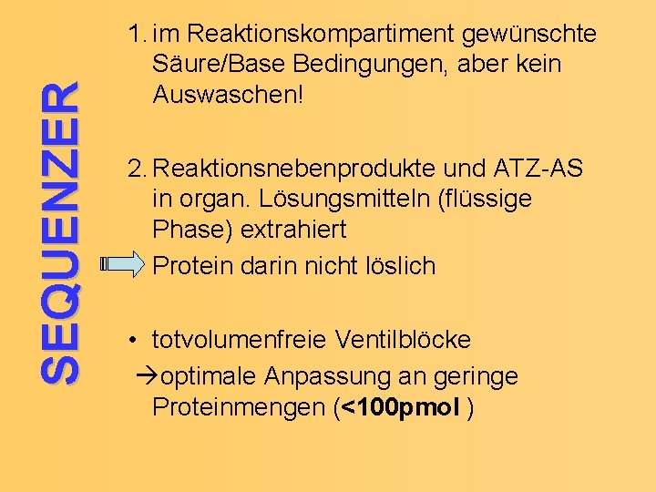 SEQUENZER 1. im Reaktionskompartiment gewünschte Säure/Base Bedingungen, aber kein Auswaschen! 2. Reaktionsnebenprodukte und ATZ-AS