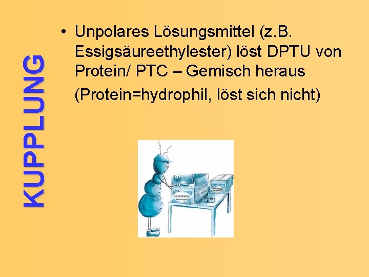 KUPPLUNG • Unpolares Lösungsmittel (z. B. Essigsäureethylester) löst DPTU von Protein/ PTC – Gemisch