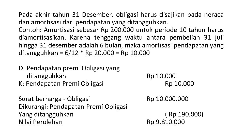 Pada akhir tahun 31 Desember, obligasi harus disajikan pada neraca dan amortisasi dari pendapatan