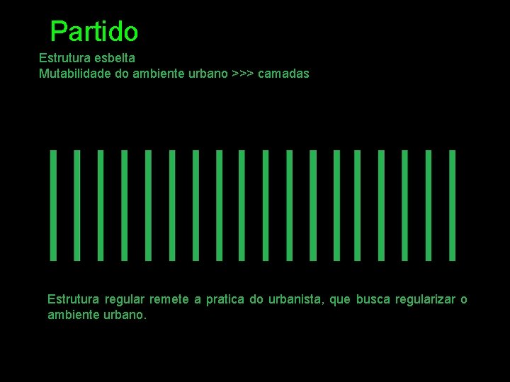 Partido Estrutura esbelta Mutabilidade do ambiente urbano >>> camadas Estrutura regular remete a pratica