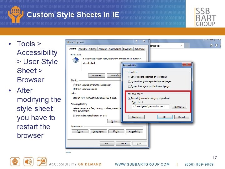 Custom Style Sheets in IE • Tools > Accessibility > User Style Sheet >