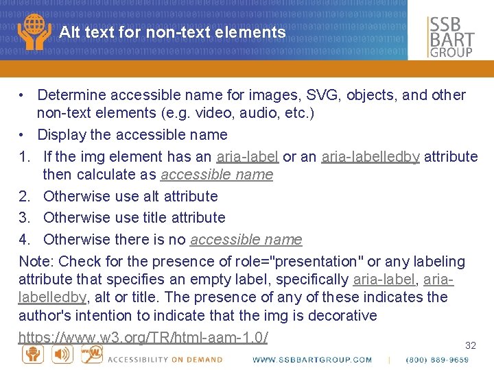 Alt text for non-text elements • Determine accessible name for images, SVG, objects, and
