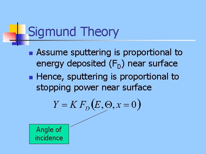 Sigmund Theory n n Assume sputtering is proportional to energy deposited (FD) near surface