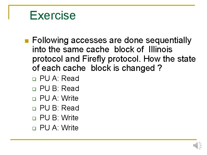 Exercise n Following accesses are done sequentially into the same cache block of Illinois