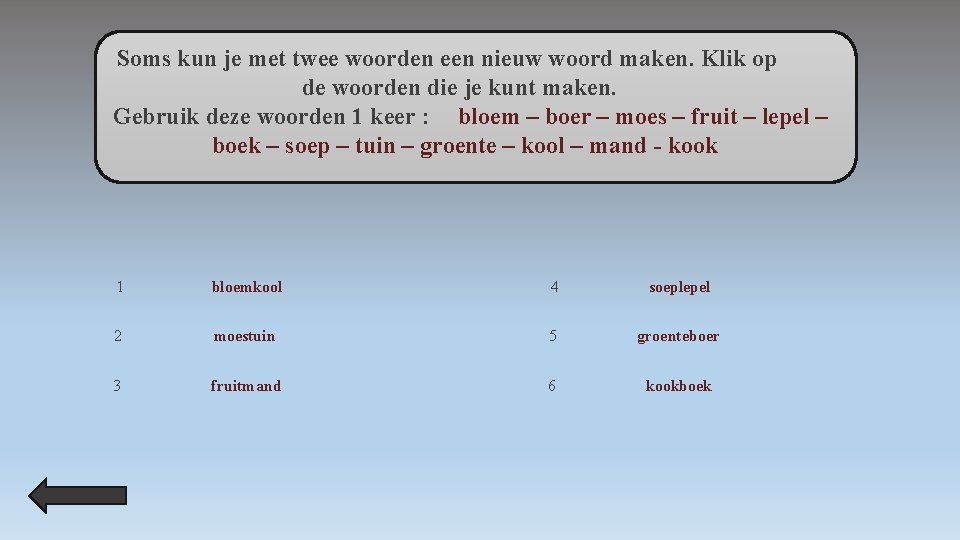 Soms kun je met twee woorden een nieuw woord maken. Klik op de woorden