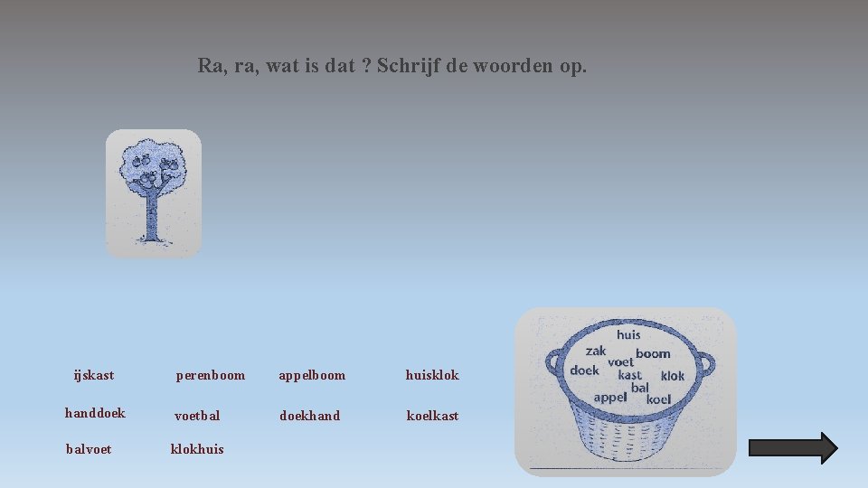 Ra, ra, wat is dat ? Schrijf de woorden op. ijskast handdoek balvoet perenboom
