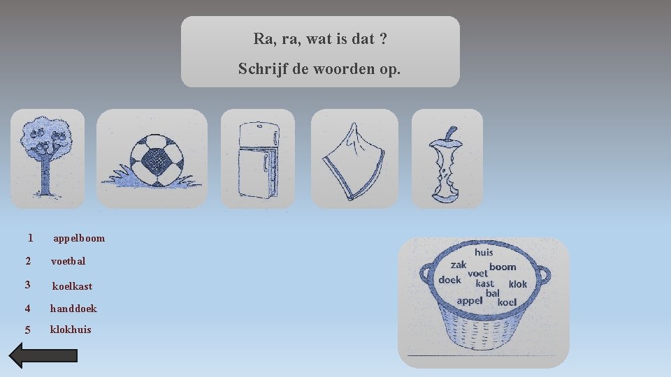 Ra, ra, wat is dat ? Schrijf de woorden op. 1 appelboom 2 voetbal