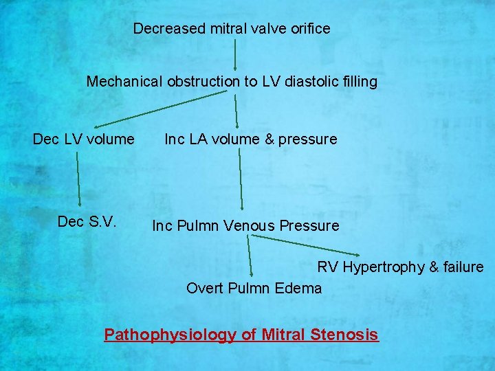 Decreased mitral valve orifice Mechanical obstruction to LV diastolic filling Dec LV volume Dec