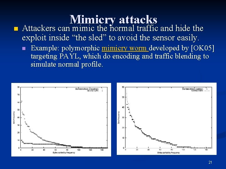 n Mimicry attacks Attackers can mimic the normal traffic and hide the exploit inside n Mimicry attacks Attackers can mimic the normal traffic and hide the exploit inside