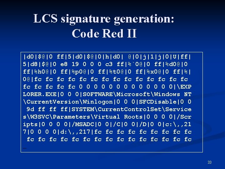 LCS signature generation: Code Red II |d 0|$@|0 ff|5|d 0|$@|0|h|d 0| @|0|j|1|j|0|U|ff| 5|d 8|$@|0 LCS signature generation: Code Red II |d 0|$@|0 ff|5|d 0|$@|0|h|d 0| @|0|j|1|j|0|U|ff| 5|d 8|$@|0