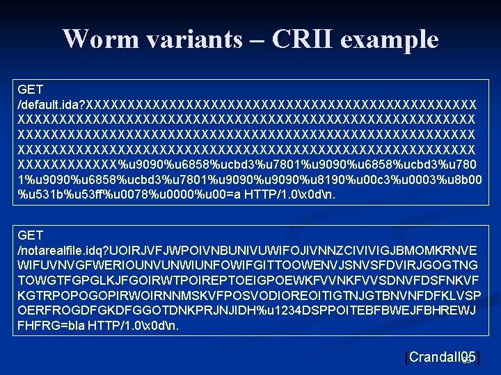 Worm variants – CRII example GET /default. ida? XXXXXXXXXXXXXXXXXXXXXXXXXXXXXXXXXXXXXXXXXXXXXXXXXXXXXXX XXXXXX%u 9090%u 6858%ucbd 3%u 7801%u Worm variants – CRII example GET /default. ida? XXXXXXXXXXXXXXXXXXXXXXXXXXXXXXXXXXXXXXXXXXXXXXXXXXXXXXX XXXXXX%u 9090%u 6858%ucbd 3%u 7801%u
