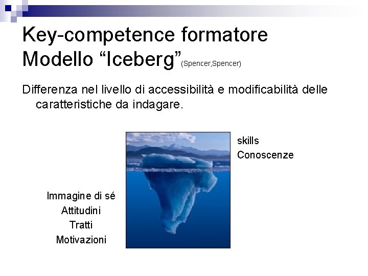 Key-competence formatore Modello “Iceberg” (Spencer, Spencer) Differenza nel livello di accessibilità e modificabilità delle