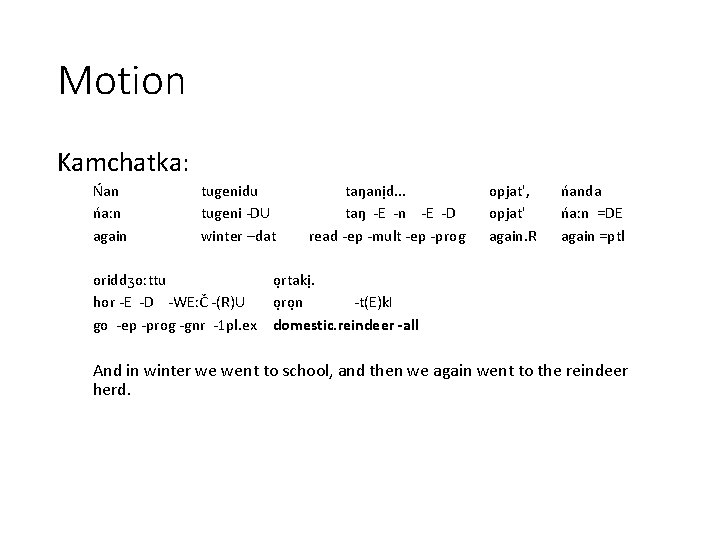 Motion Kamchatka: Ńan ńaːn again tugenidu tugeni -DU winter –dat taŋanịd. . . taŋ