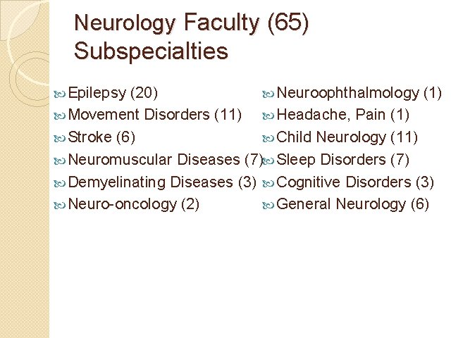 Neurology Faculty (65) Subspecialties Epilepsy (20) Neuroophthalmology (1) Movement Disorders (11) Headache, Pain (1)