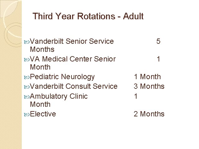 Third Year Rotations - Adult Vanderbilt Senior Service Months VA Medical Center Senior Month