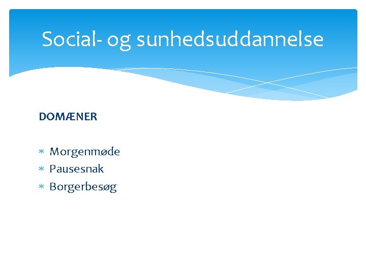 Social- og sunhedsuddannelse DOMÆNER Morgenmøde Pausesnak Borgerbesøg 