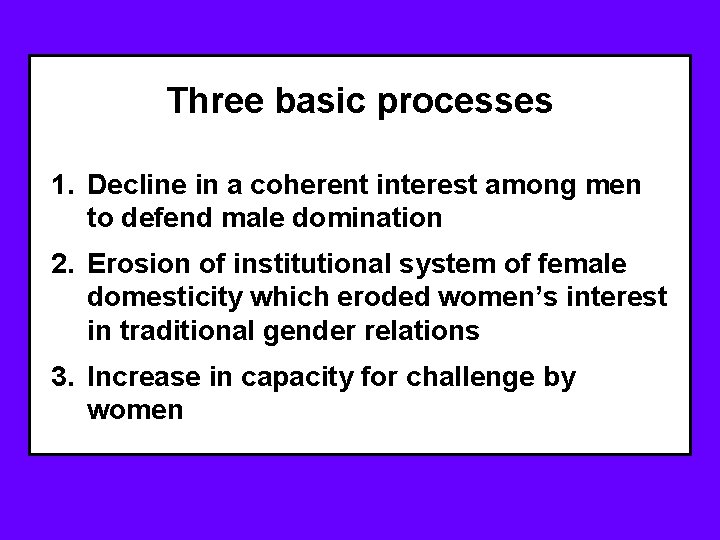 Three basic processes 1. Decline in a coherent interest among men to defend male