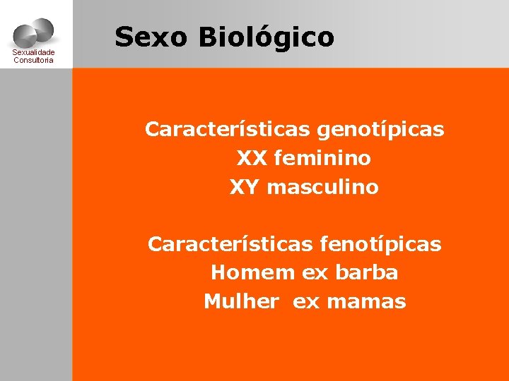 Sexualidade Consultoria Sexo Biológico Características genotípicas XX feminino XY masculino Características fenotípicas Homem ex