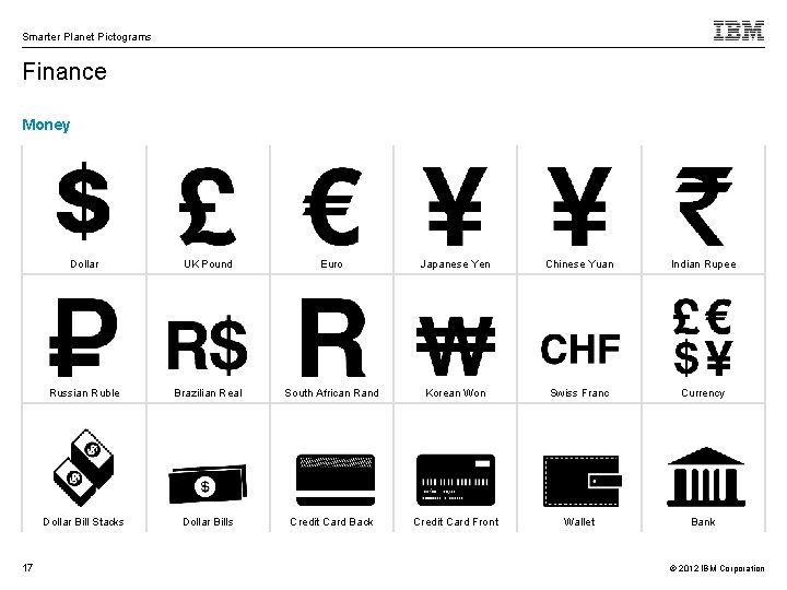 Smarter Planet Pictograms Finance Money 17 Dollar UK Pound Euro Japanese Yen Chinese Yuan