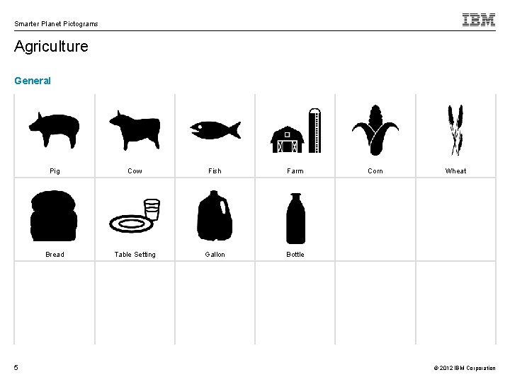 Smarter Planet Pictograms Agriculture General 5 Pig Cow Fish Farm Bread Table Setting Gallon