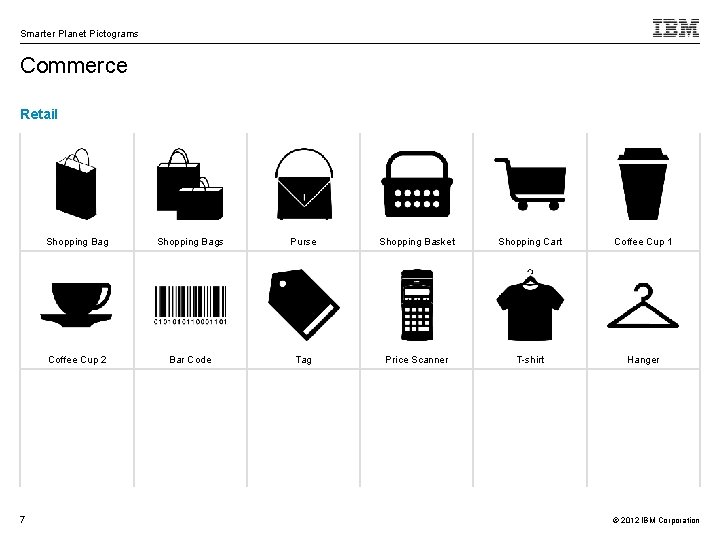 Smarter Planet Pictograms Commerce Retail 7 Shopping Bags Purse Shopping Basket Shopping Cart Coffee