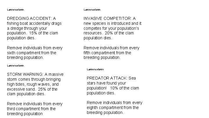 Lawrencetown DREDGING ACCIDENT: A fishing boat accidentally drags a dredge through your population. 15% Lawrencetown DREDGING ACCIDENT: A fishing boat accidentally drags a dredge through your population. 15%