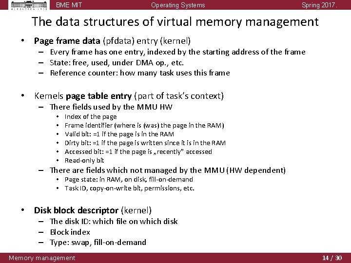 BME MIT Operating Systems Spring 2017. The data structures of virtual memory management •