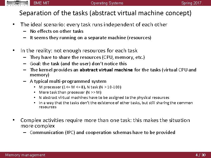 BME MIT Operating Systems Spring 2017. Separation of the tasks (abstract virtual machine concept) BME MIT Operating Systems Spring 2017. Separation of the tasks (abstract virtual machine concept)