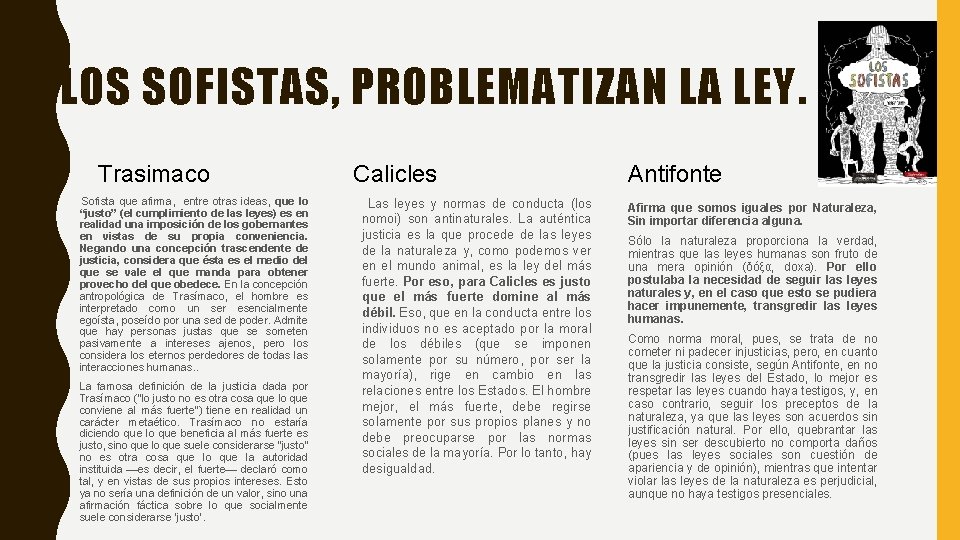 LOS SOFISTAS, PROBLEMATIZAN LA LEY. Trasimaco Sofista que afirma, entre otras ideas, que lo