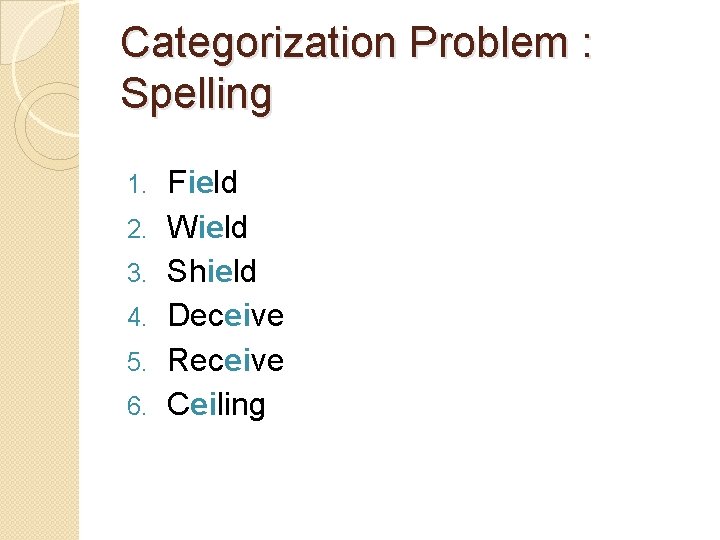 Categorization Problem : Spelling 1. 2. 3. 4. 5. 6. Field Wield Shield Deceive