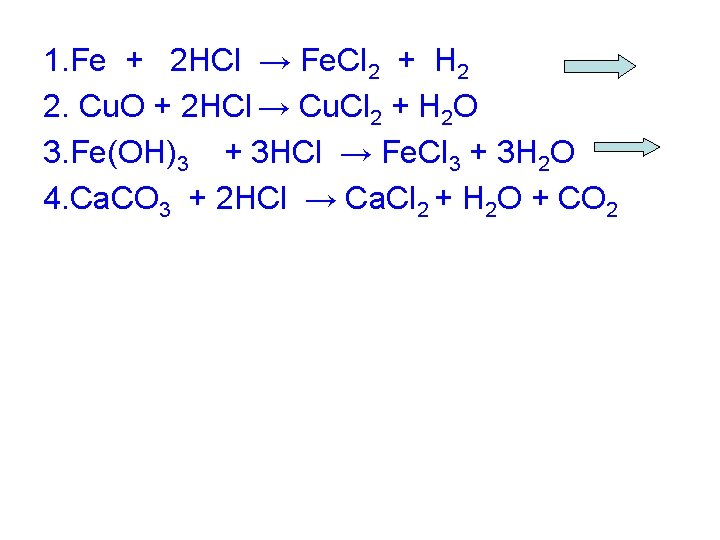 1. Fe + 2 HCl → Fe. Cl 2 + H 2 2. Cu.
