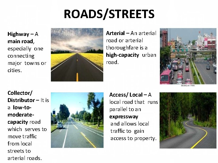 ROADS/STREETS Highway – A main road, especially one connecting major towns or cities. Collector/