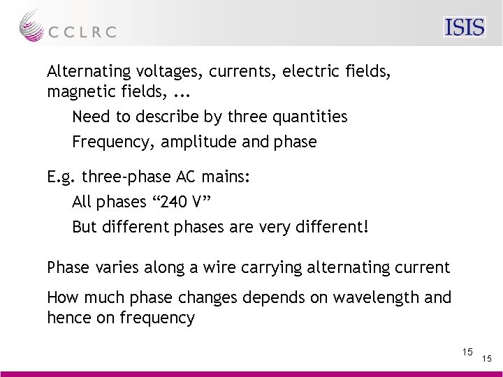 Alternating voltages, currents, electric fields, magnetic fields, . . . Need to describe by